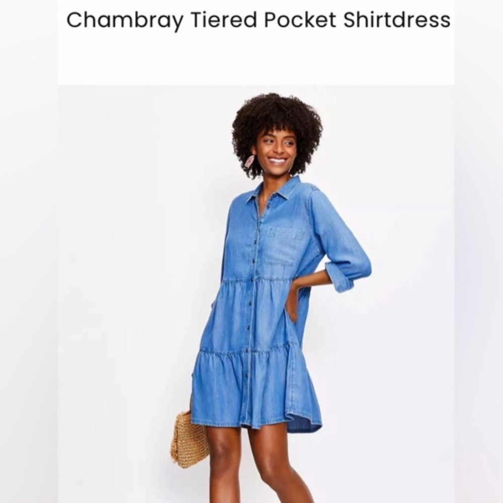 LOFT Chambray Tiered Pocket Shirtdress - Light Blue